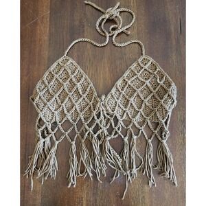 Love Sense Halter Top S Camisole Tan Bikini Top Crochet Fringe Festival Crop Top
